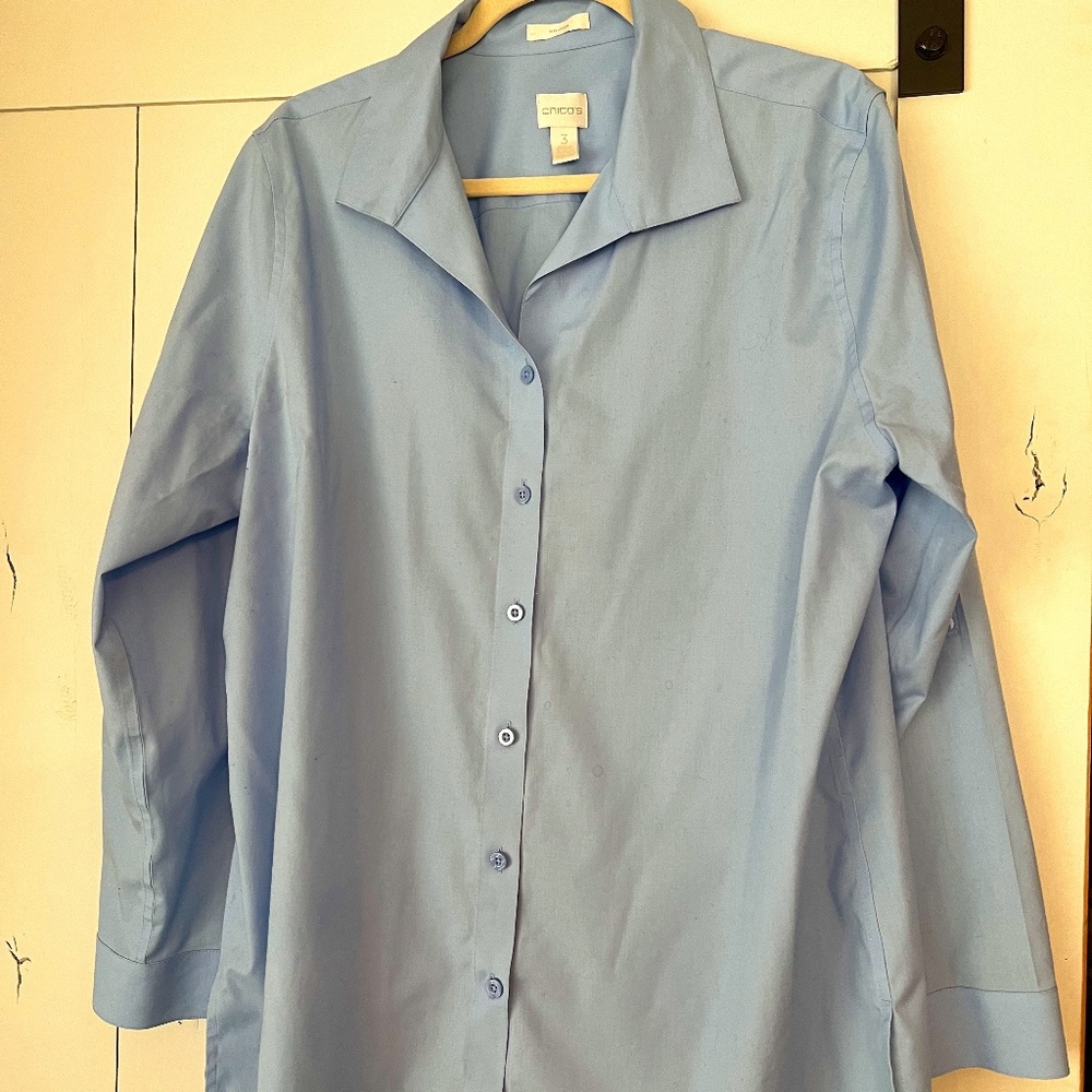 Chico's No-Iron Blue Dress Shirt with Roll up Sleeves Size 3